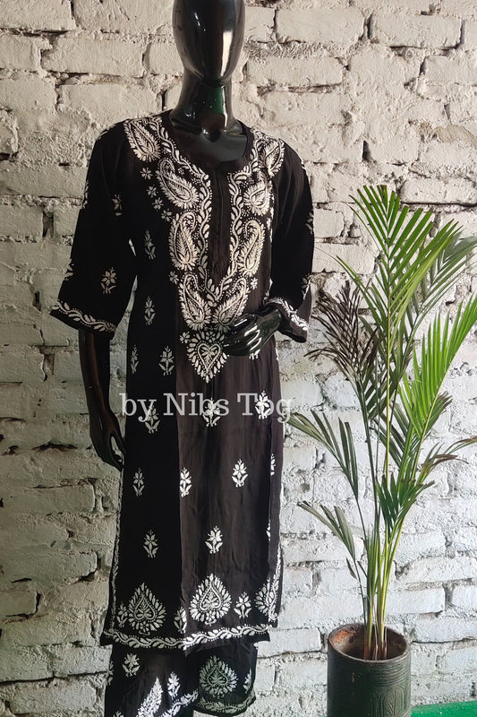 Black Modal Cotton Chikankari Kurta Palazzo Set for Women