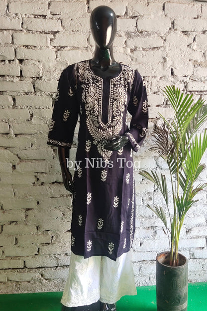 Blue Modal Cotton Straight Chikankari Kurta for Women