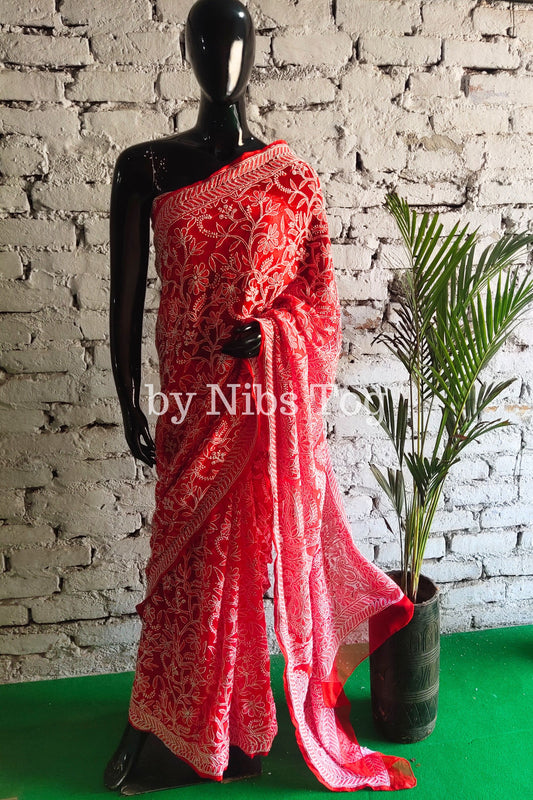 Red Chikankari Saree Georgette full Jaal Work with Blouse