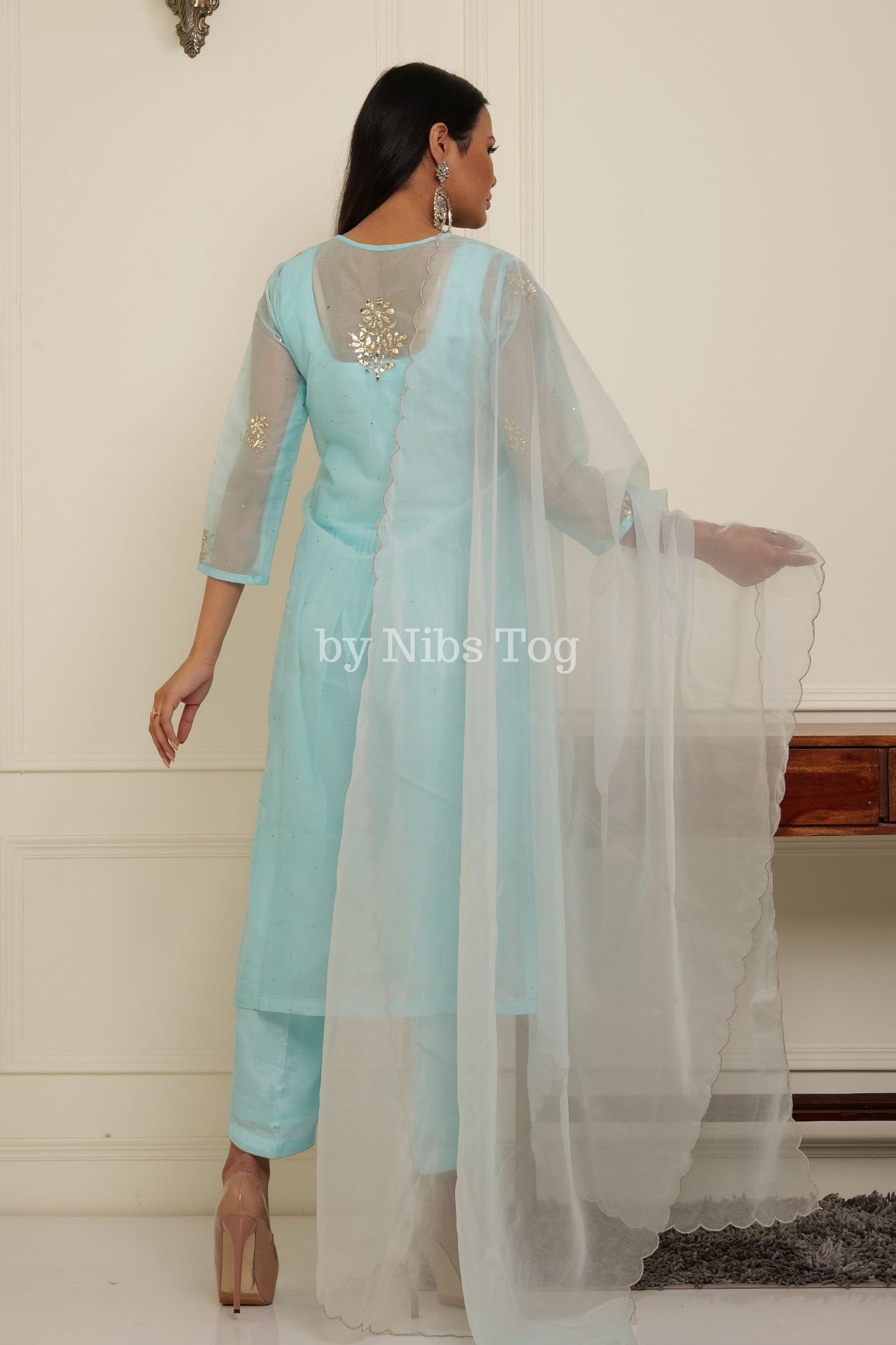 Sky Blue Chikankari Organza Kurta Pant Set with Dupatta