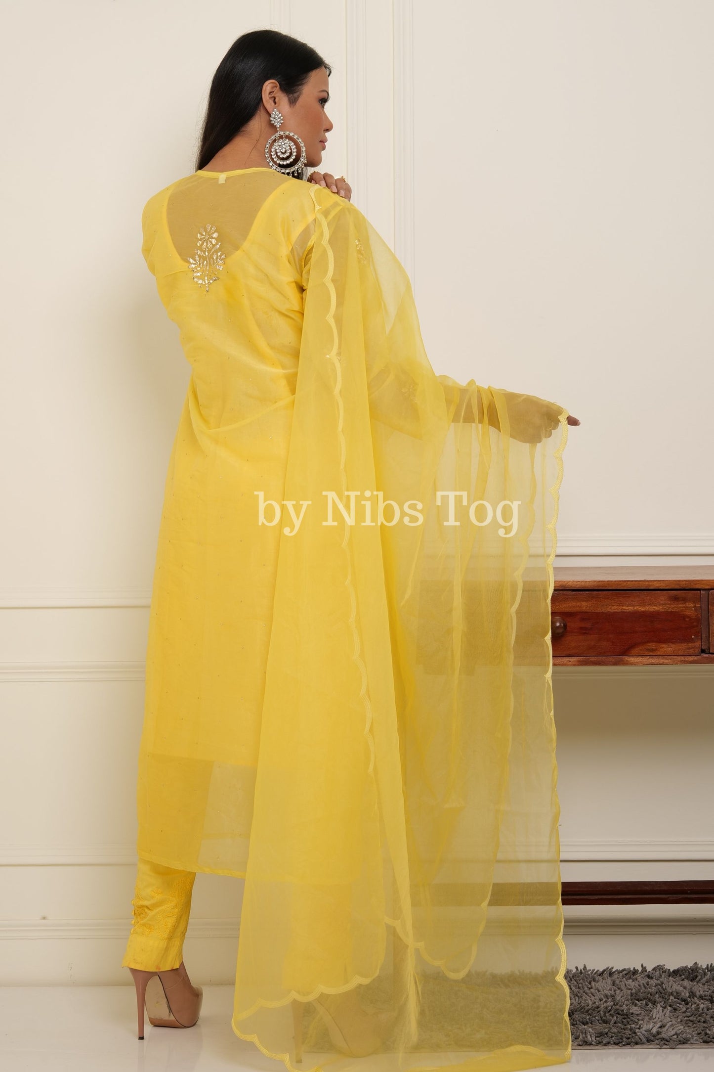 Yellow Organza Chikankari Suit with Dupatta Mukaish Work