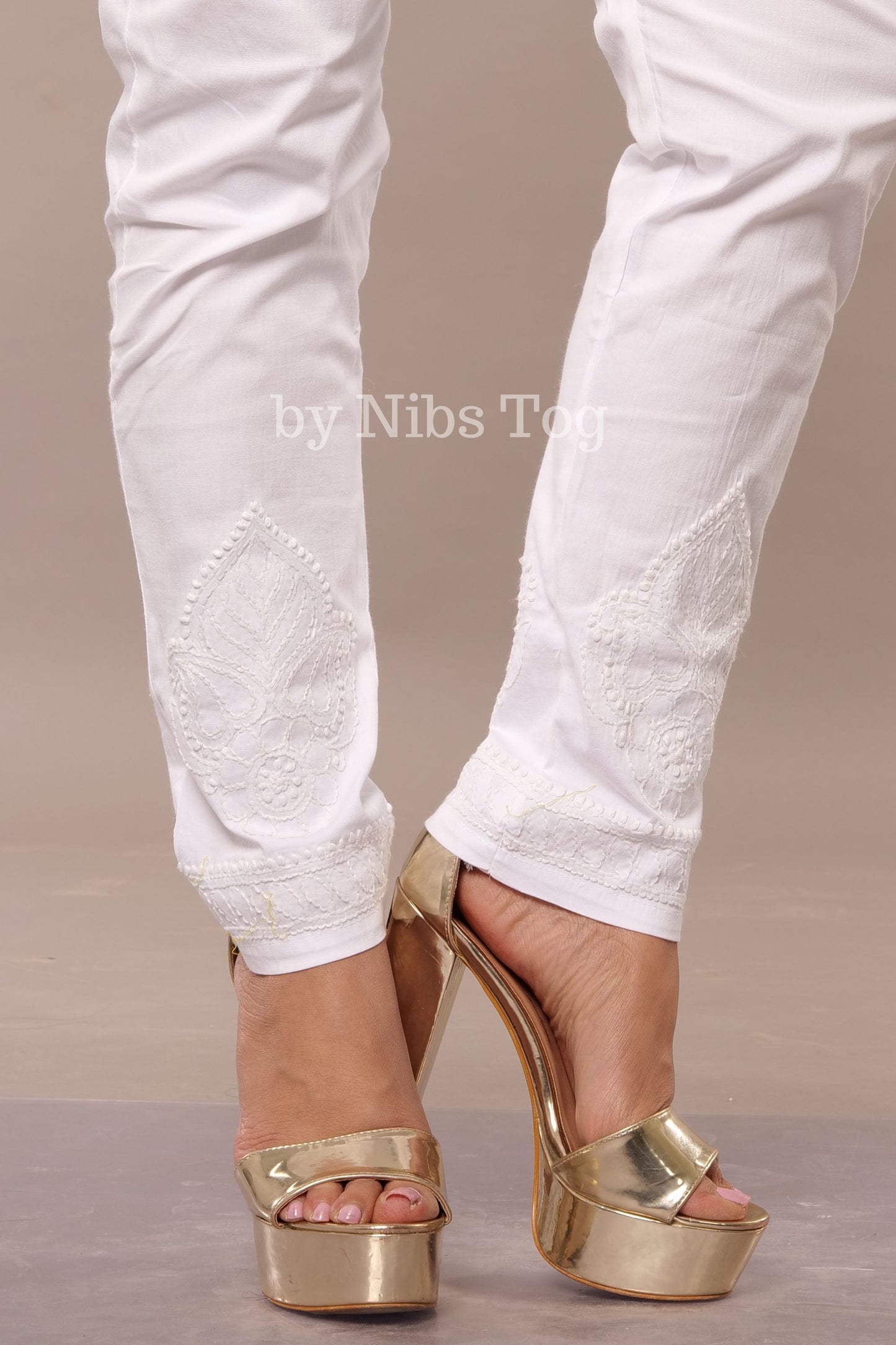 White Chikankari Pants Stretchable with Pockets