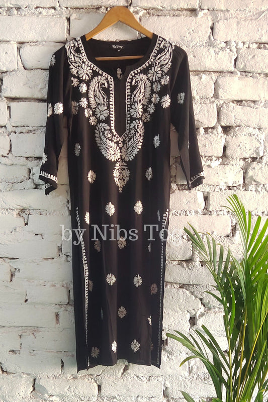 Black Long Straight Modal Cotton Chikankari Kurta for Women