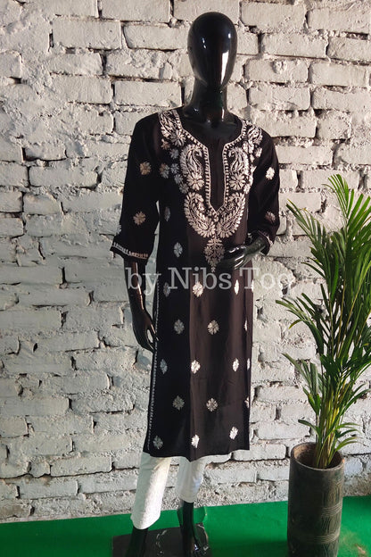 Black Long Straight Modal Cotton Chikankari Kurta for Women