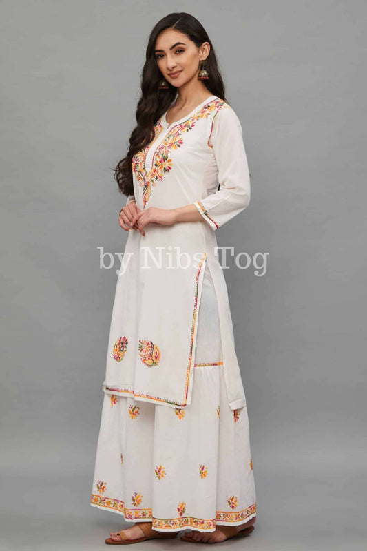 White Cotton Chikankari Kurta Garara Set for Women