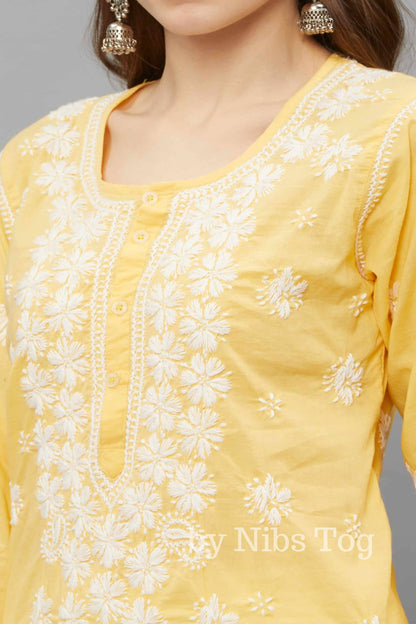 Women’s Lucknowi Chikankari Hand Embroidered Straight Cotton Kurti Yellow