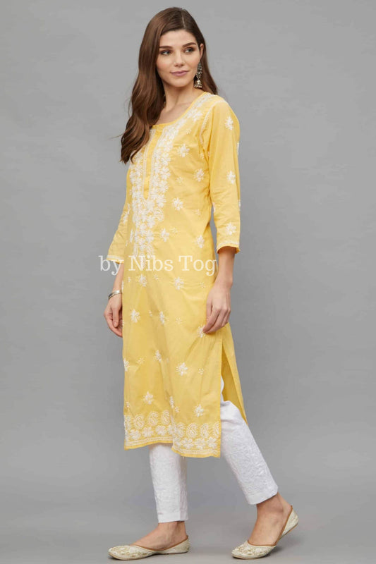 Women’s Lucknowi Chikankari Hand Embroidered Straight Cotton Kurti Yellow