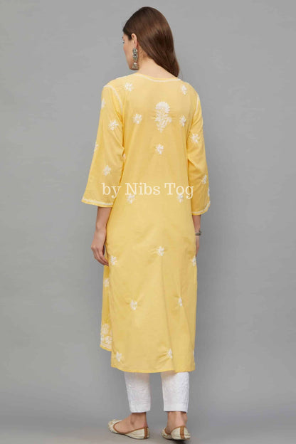 Women’s Lucknowi Chikankari Hand Embroidered Straight Cotton Kurti Yellow