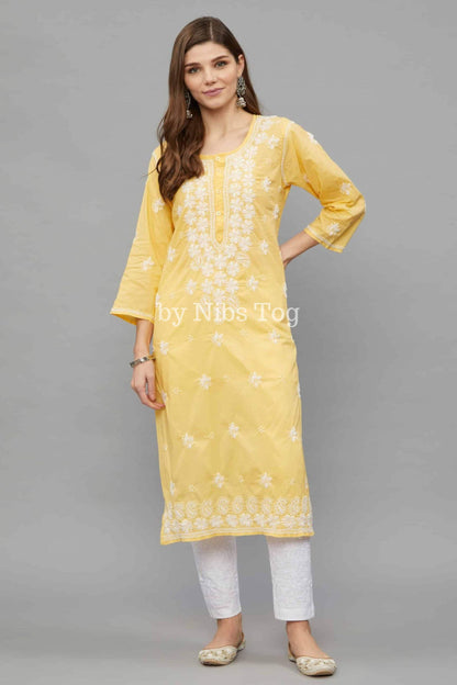 Women’s Lucknowi Chikankari Hand Embroidered Straight Cotton Kurti Yellow