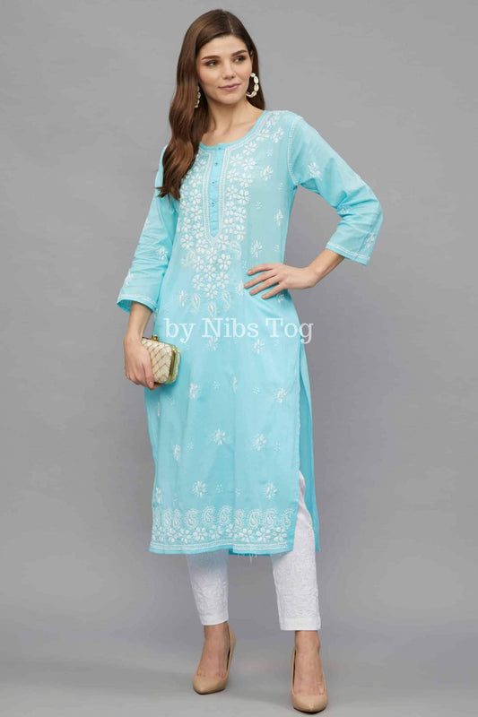 Women’s Lucknowi Chikankari Hand Embroidered Straight Cotton Kurti Sky Blue