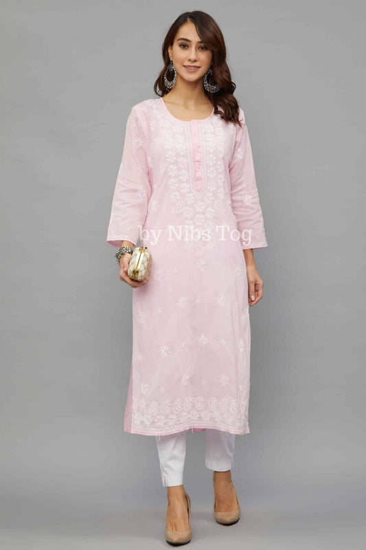 Women’s Lucknowi Chikankari Hand Embroidered Straight Cotton Kurti Pink