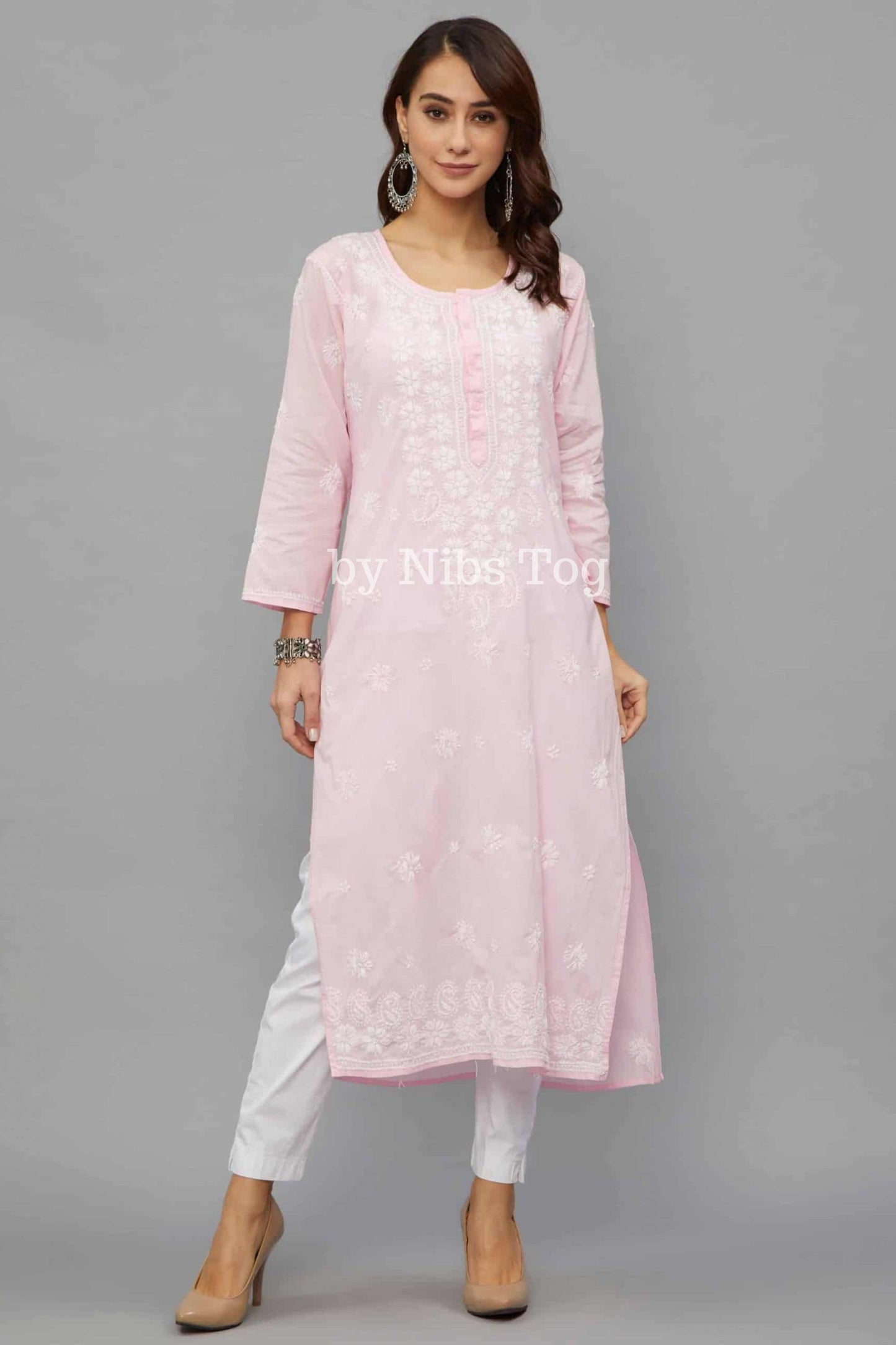 Women’s Lucknowi Chikankari Hand Embroidered Straight Cotton Kurti Pink