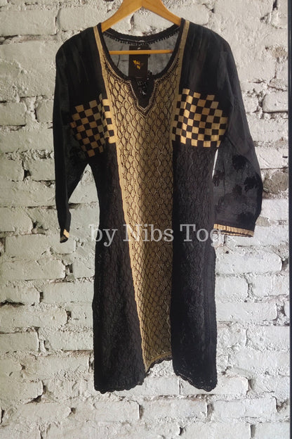 Black Pure Cotton Chikankari Kurta Knee Length Large
