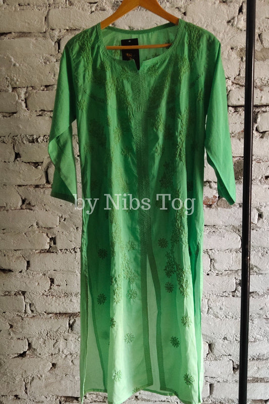 Ombre Green Muslin Cotton Chikankari Kurta Large