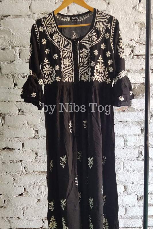Black Modal Cotton Chikankari Long Gown Dress for Women Medium