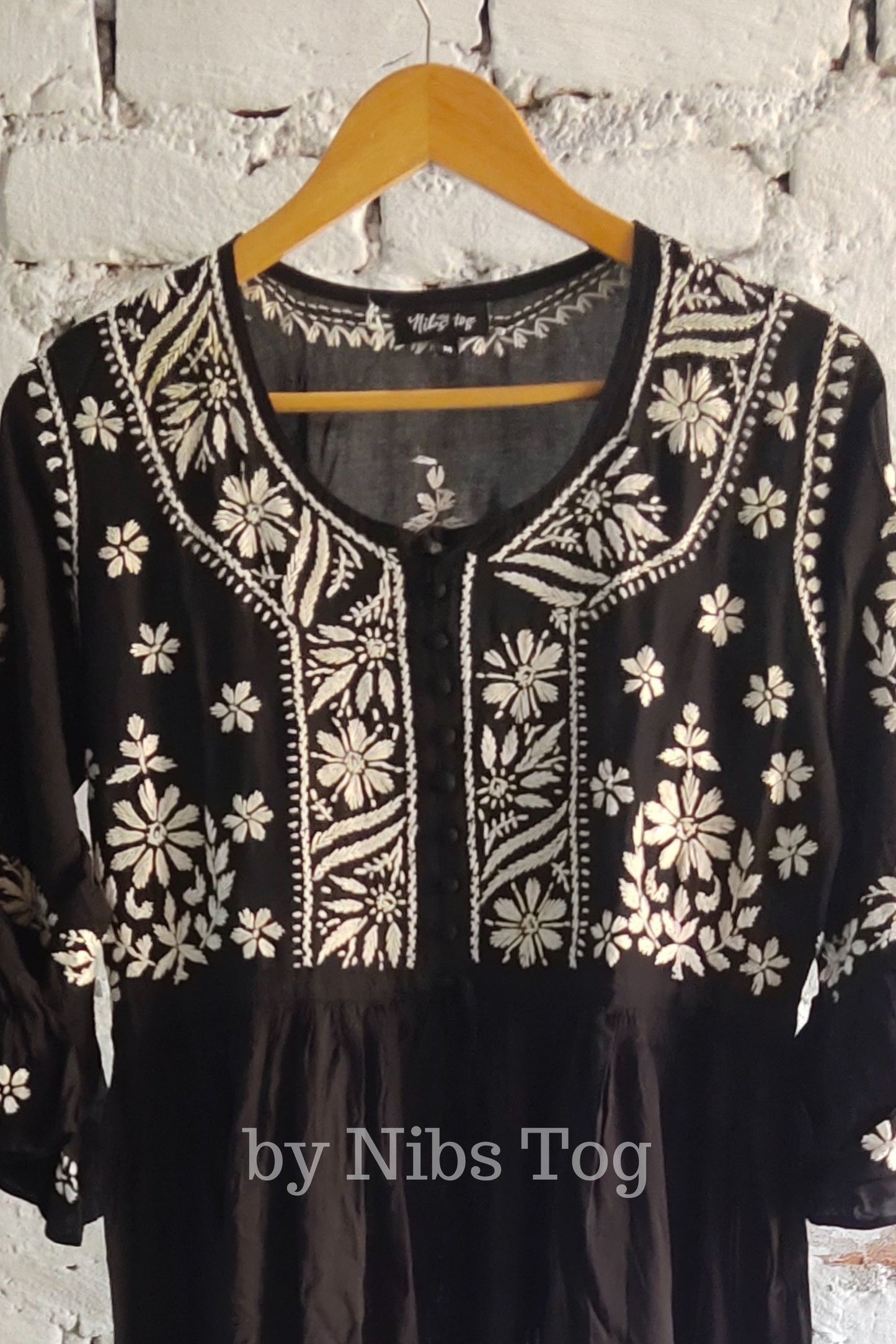 Black Modal Cotton Chikankari Long Gown Dress for Women Medium