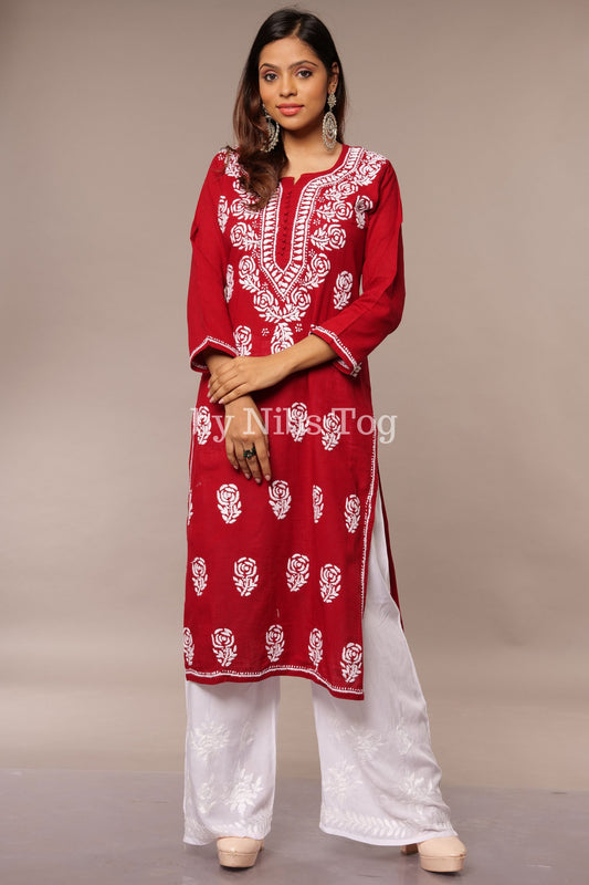 Linen Cotton Rose Butti Chikankari Kurti for Women Maroon Red