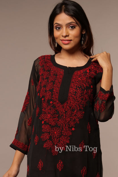 Black Georgette Chikankari Kurta for Women X-Large