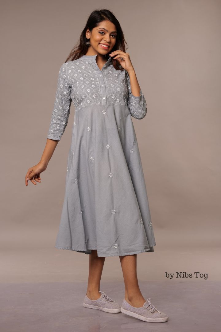 Grey Cotton Chikankari Tunic Dress Fit n Flair