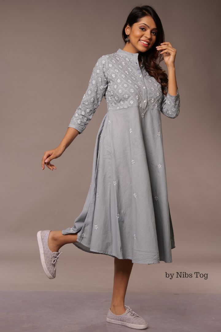 Grey Cotton Chikankari Tunic Dress Fit n Flair
