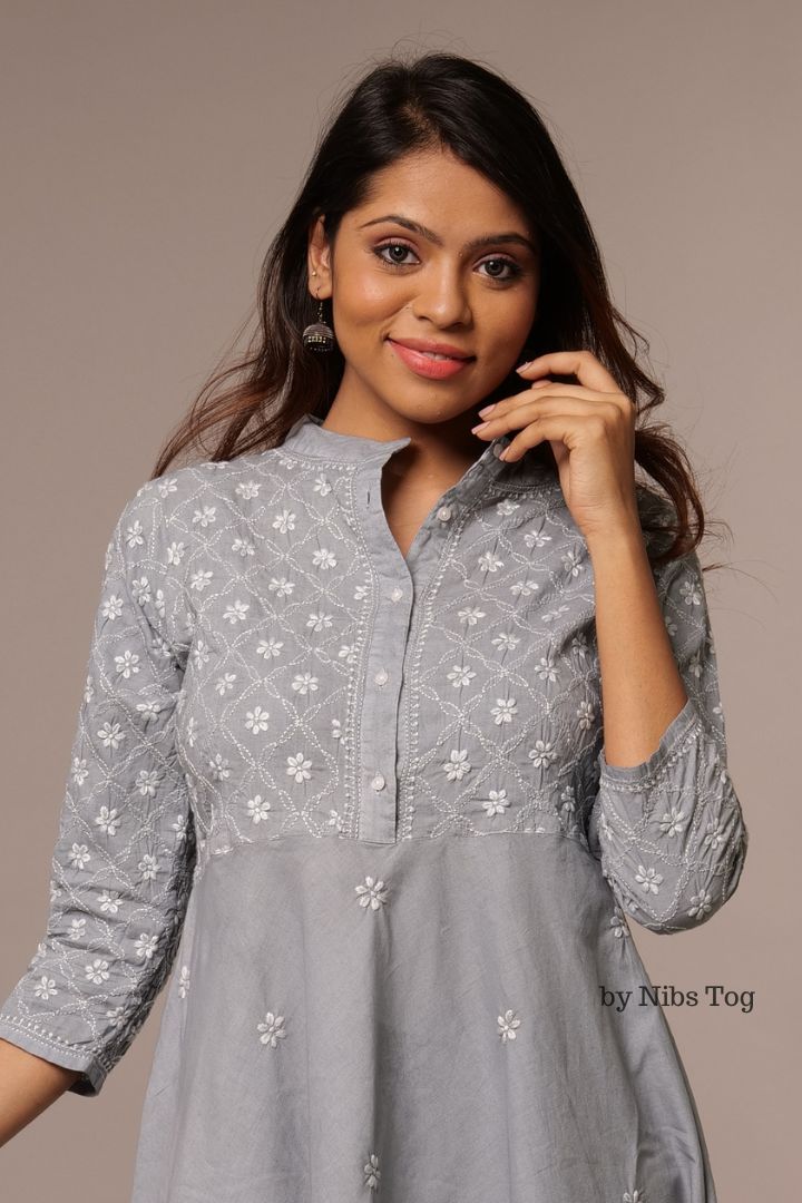 Grey Cotton Chikankari Tunic Dress Fit n Flair