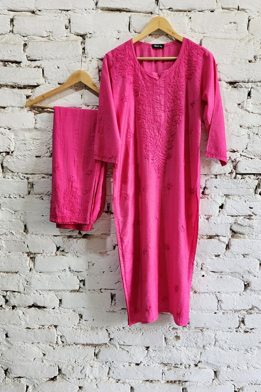 Pink Silk Chikankari Kurta Palazzo Set