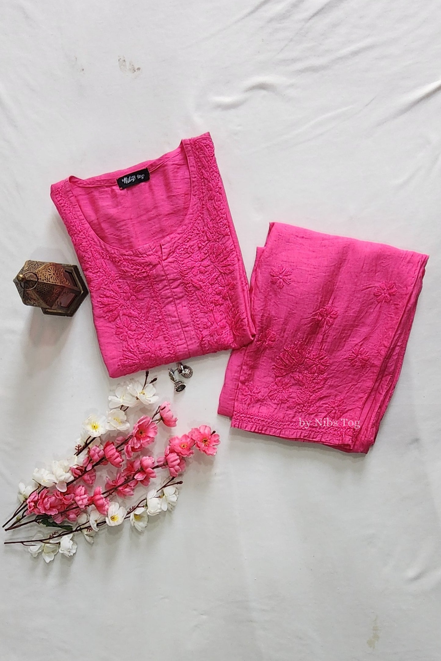 Pink Silk Chikankari Kurta Pant Set with Banarasi Dupatta