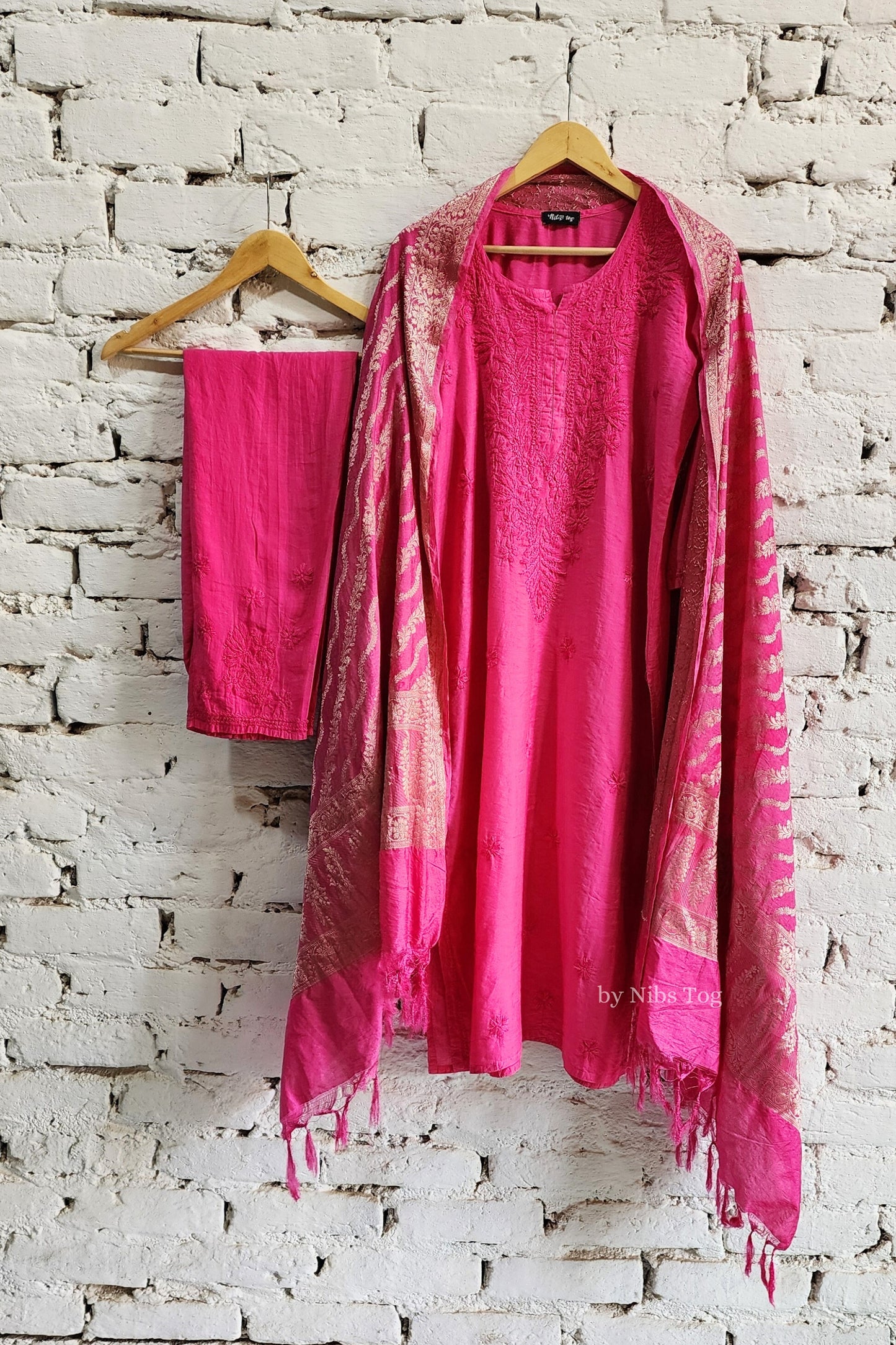 Pink Silk Chikankari Kurta Pant Set with Banarasi Dupatta