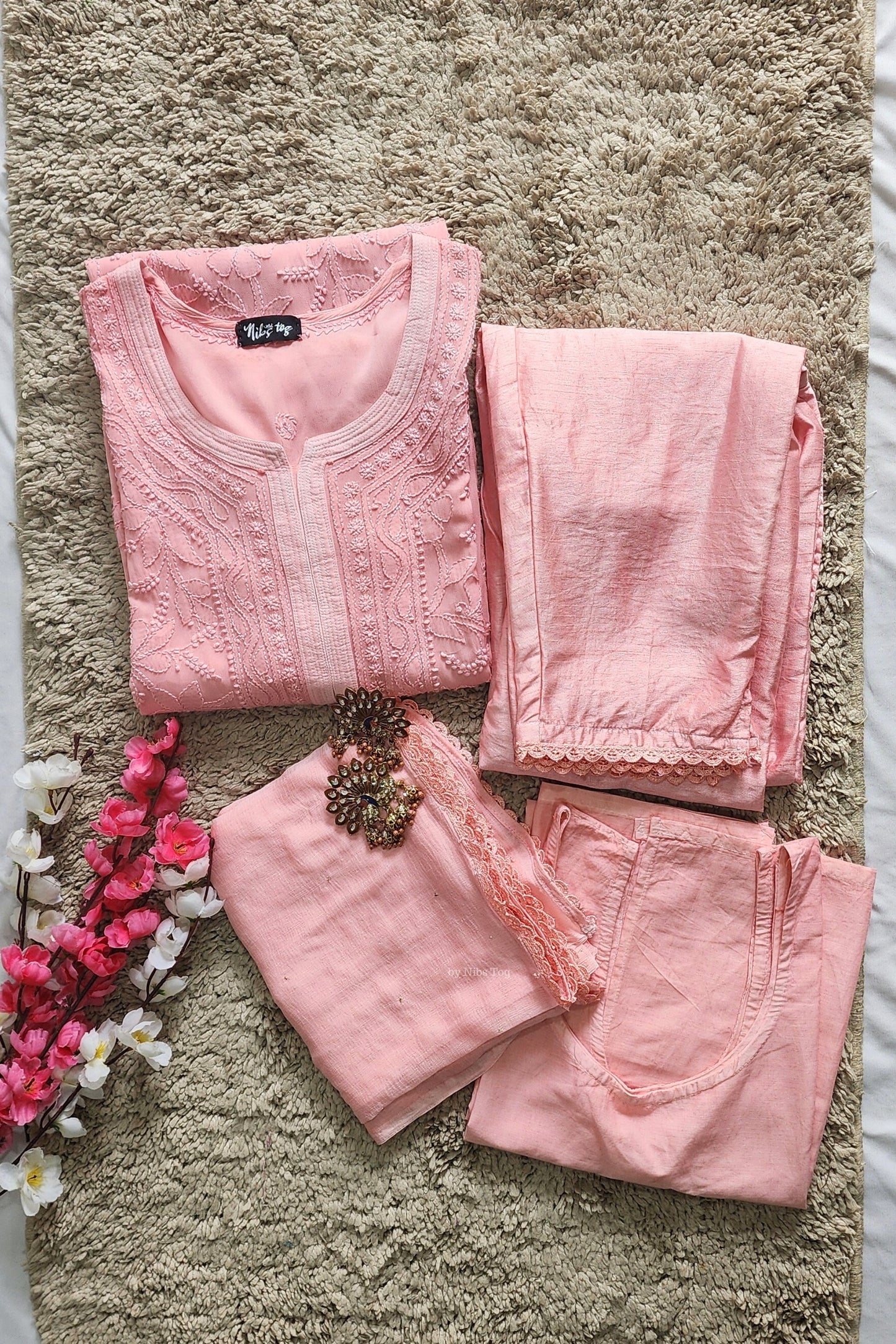 Peach Chikankari Kurta Pant Set with Dupatta