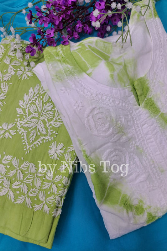 Neon Green Mulmul Cotton Tie & Dye Chikankari Co-ord Set