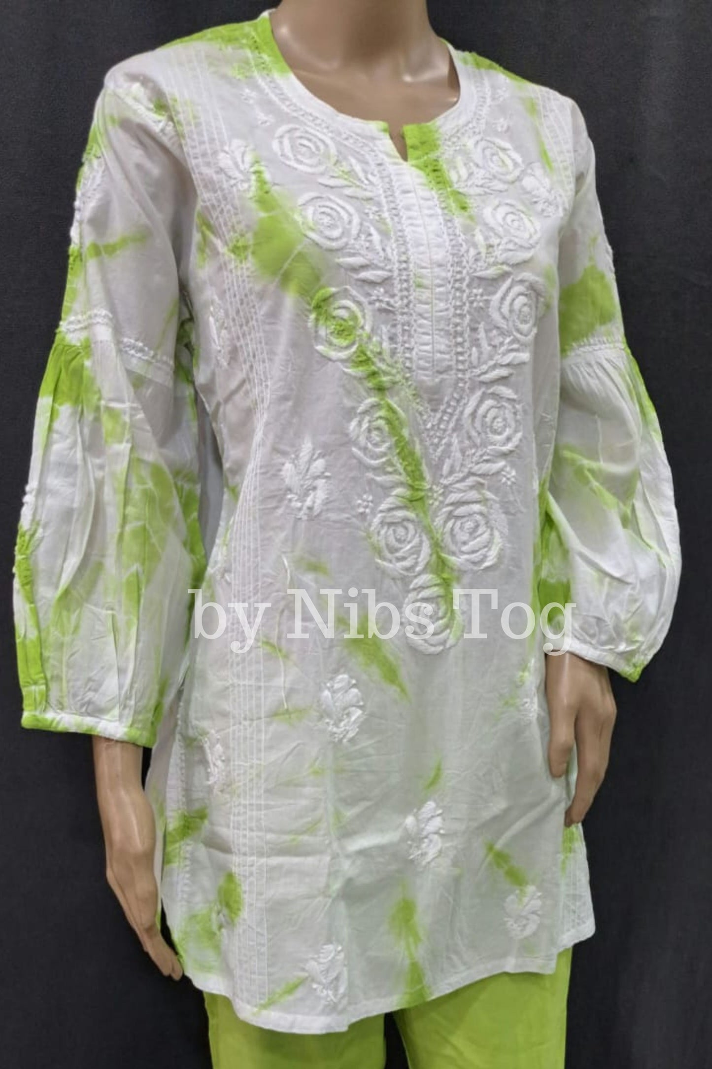 Neon Green Mulmul Cotton Tie & Dye Chikankari Co-ord Set