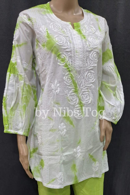 Neon Green Mulmul Cotton Tie & Dye Chikankari Co-ord Set