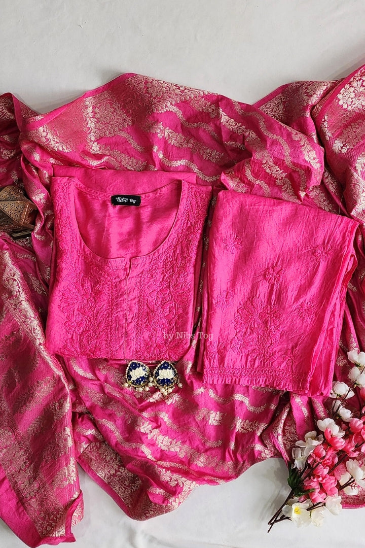 Pink Silk Chikankari Kurta Pant Set with Banarasi Dupatta