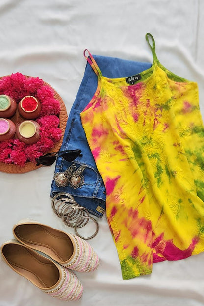 Colorful Tie n Dye Chikankari Short Kurti Strappy Style