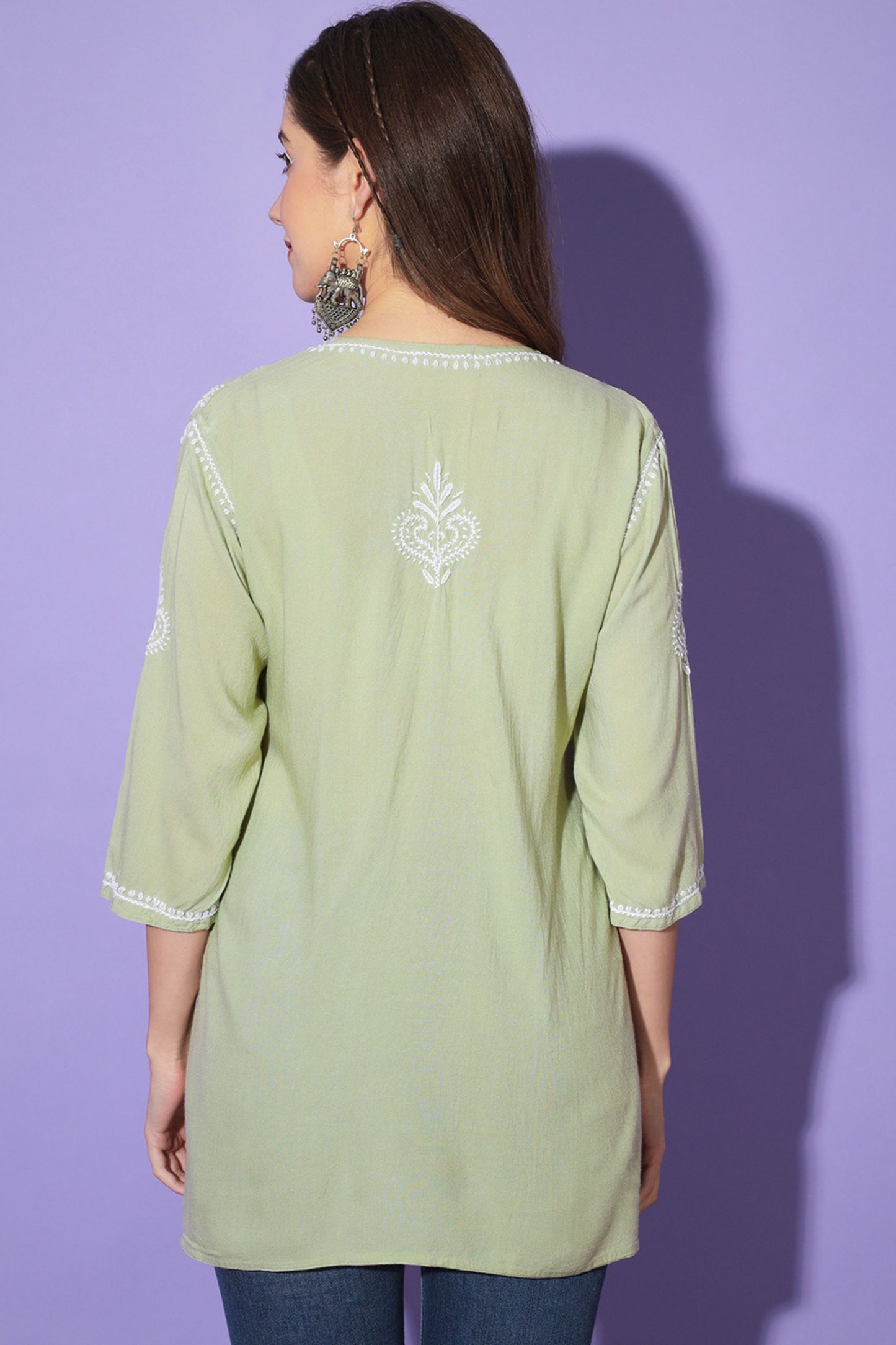 Gul Pista Green Chikankari Short Kurta Rayon Cotton