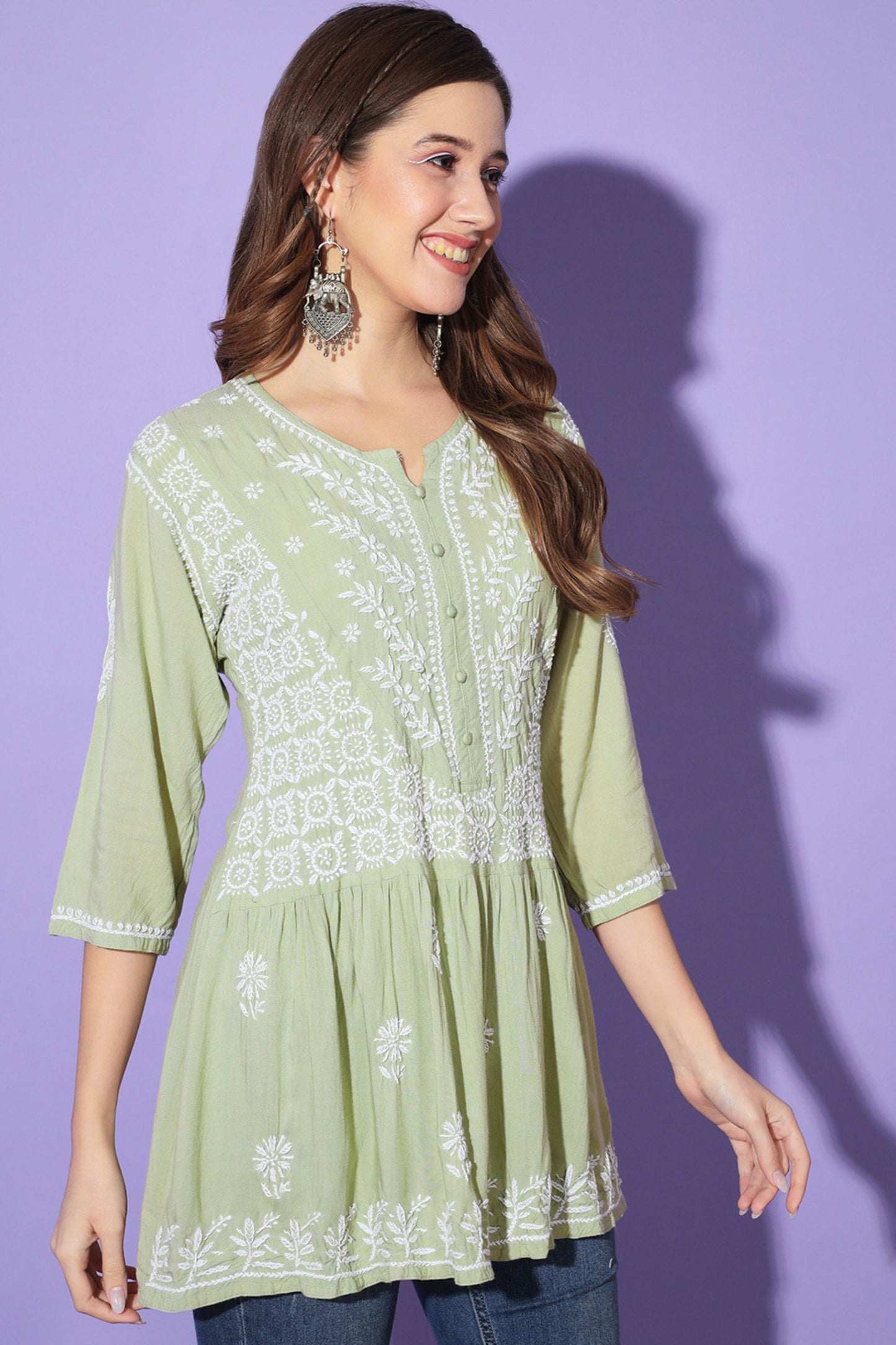 Gul Pista Green Chikankari Short Kurta Rayon Cotton