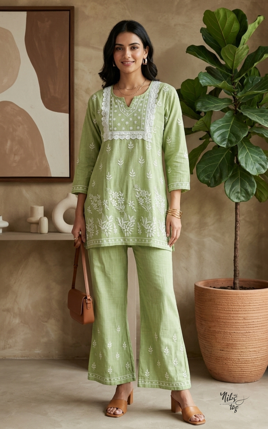 Saadgi Green Chikankari Co-Ord Set