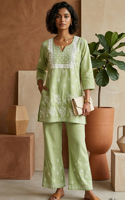 Saadgi Green Chikankari Co-Ord Set