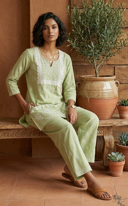 Saadgi Green Chikankari Co-Ord Set