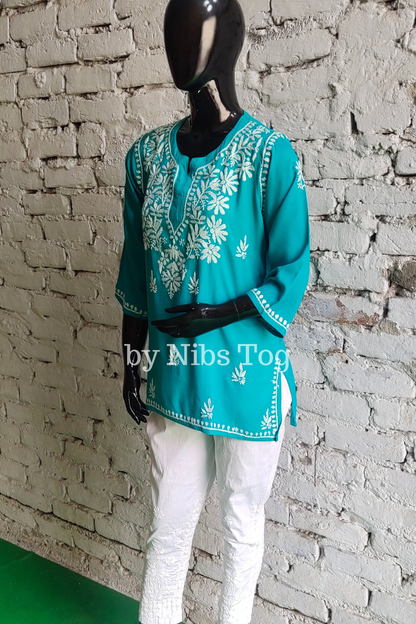 Green Rozana Chikankari Short Kurta