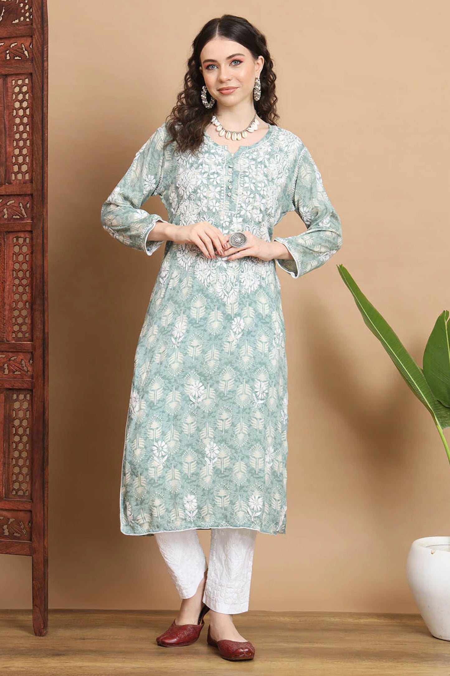 Green Anisa Modal Cotton Chikankari Kurta Floral Printed