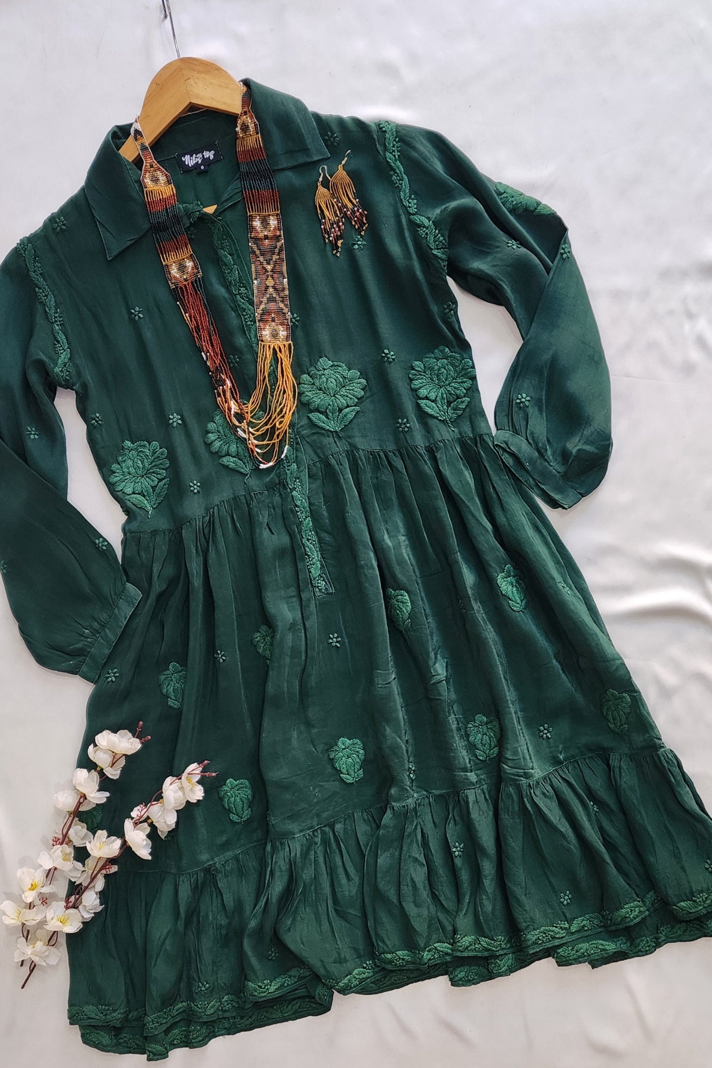 Ada Green Handmade Embroidered Silk Tunic Dress