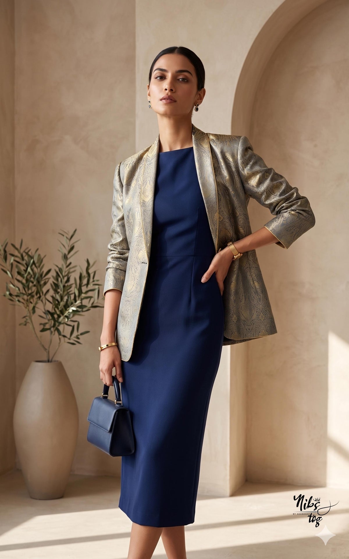 Grey and gold Banarasi brocade button-front blazer — image 1