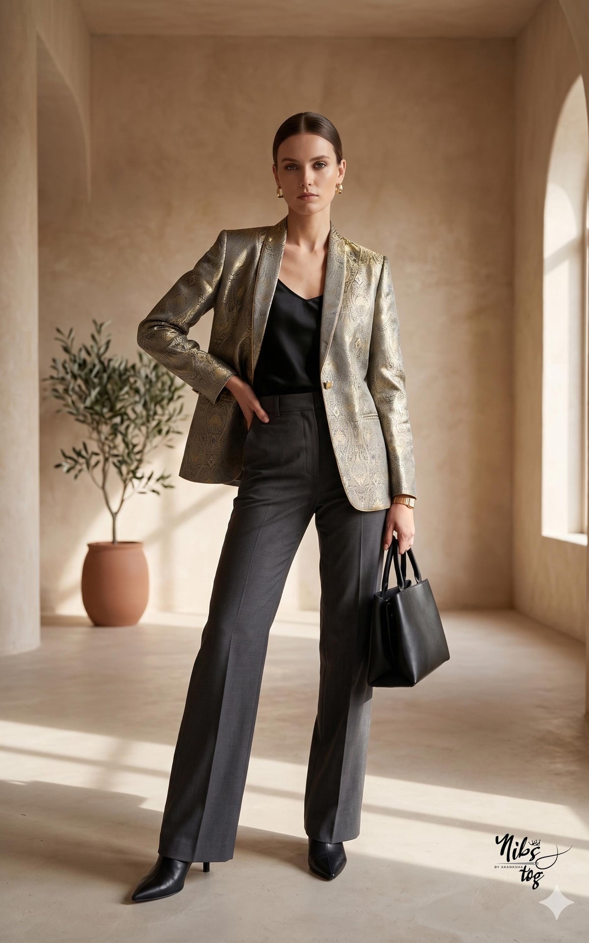 Grey and gold Banarasi brocade button-front blazer — image 2