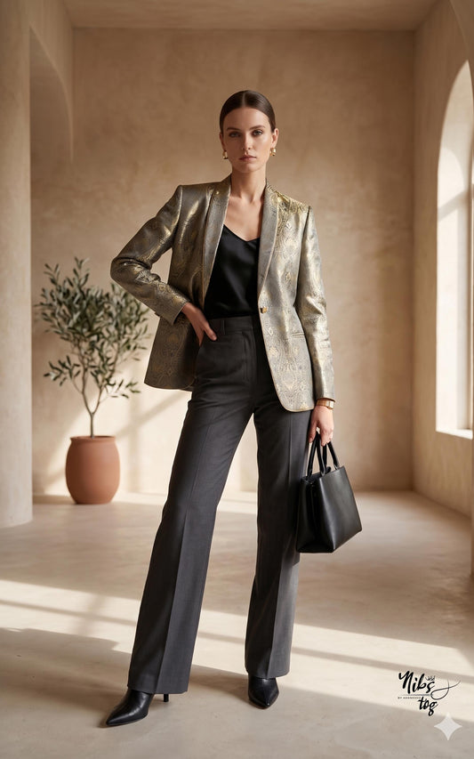 Grey and gold Banarasi brocade button-front blazer — image 2