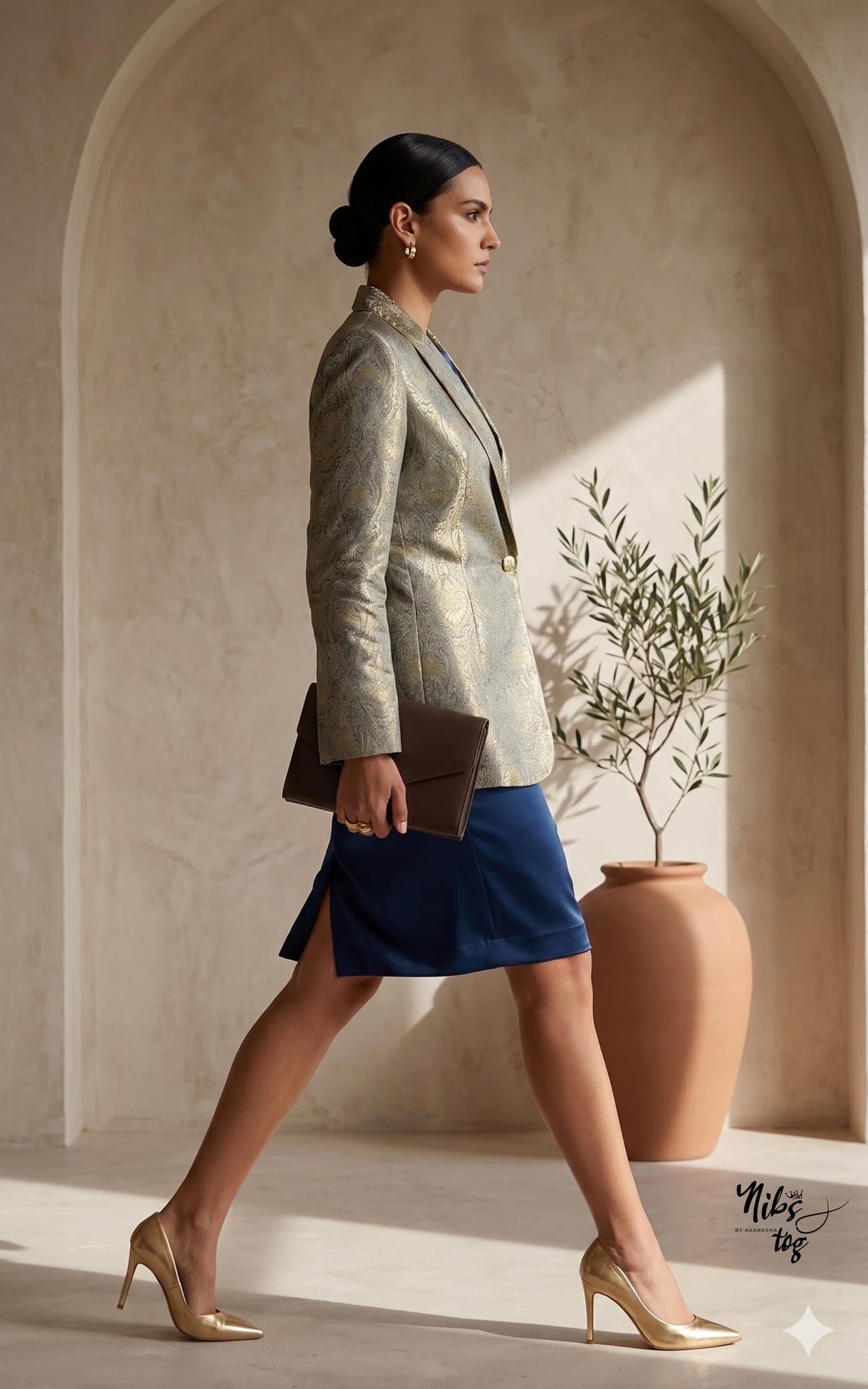 Grey and gold Banarasi brocade button-front blazer — image 4