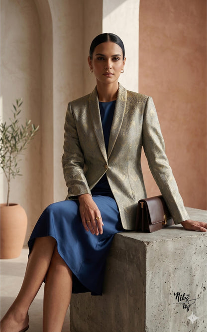 Grey and gold Banarasi brocade button-front blazer — image 6