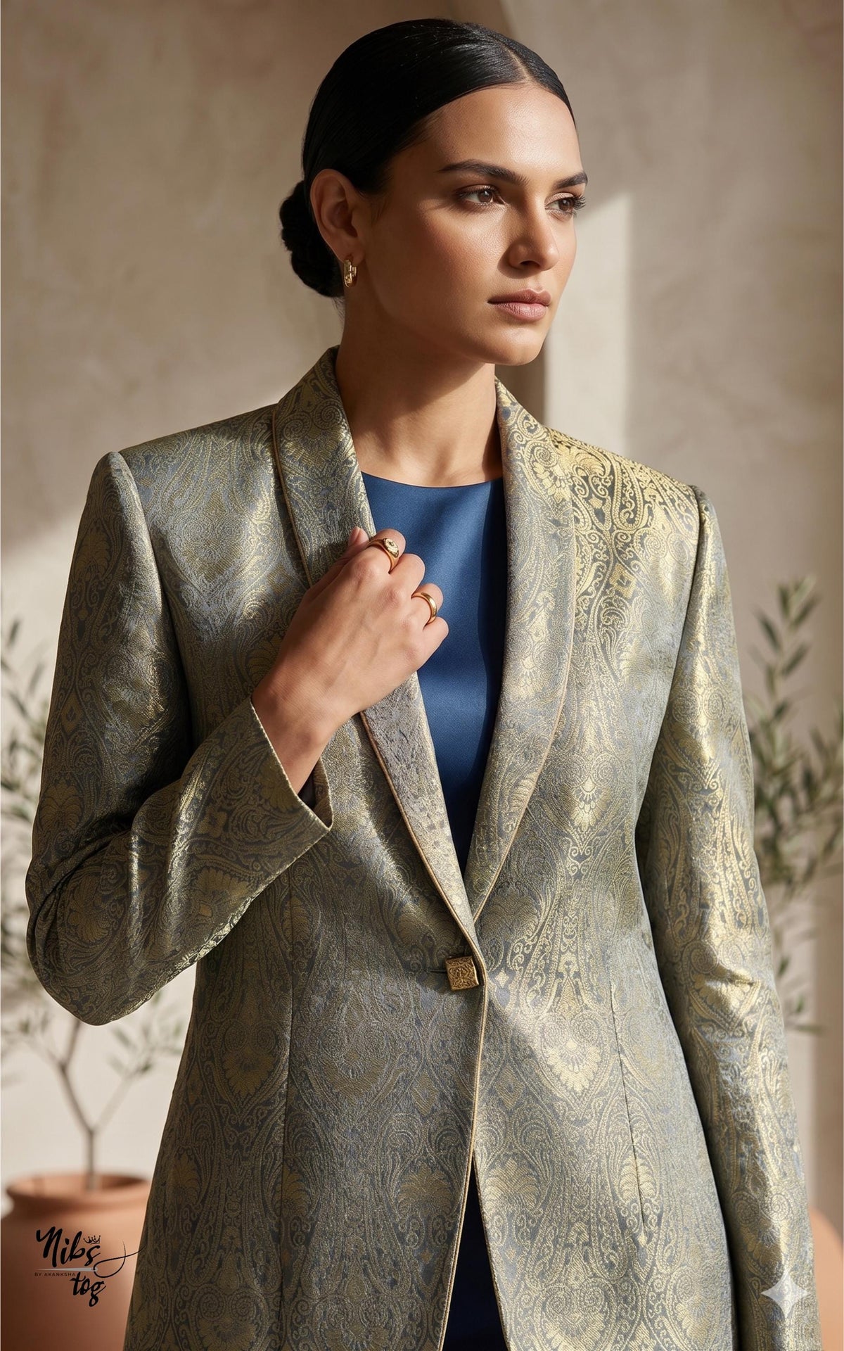 Grey and gold Banarasi brocade button-front blazer — image 7