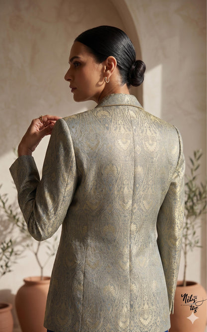 Grey and gold Banarasi brocade button-front blazer — image 8