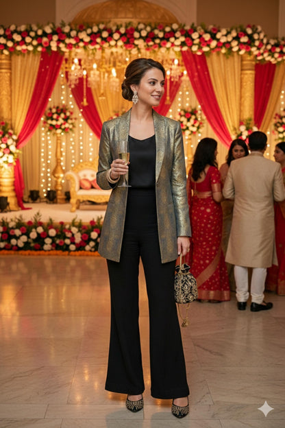 Grey and gold Banarasi brocade button-front blazer — image 16